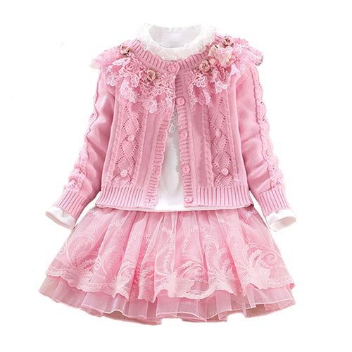 Children's Sets Christmas Autumn Winter Girls Sweater Coat Cotton Shirt Lace Dress Long Sleeve Hand Beading Princess clothes