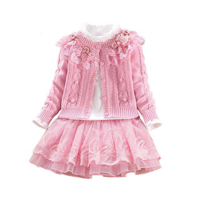 Children's Sets Christmas Autumn Winter Girls Sweater Coat Cotton Shirt Lace Dress Long Sleeve Hand Beading Princess clothes