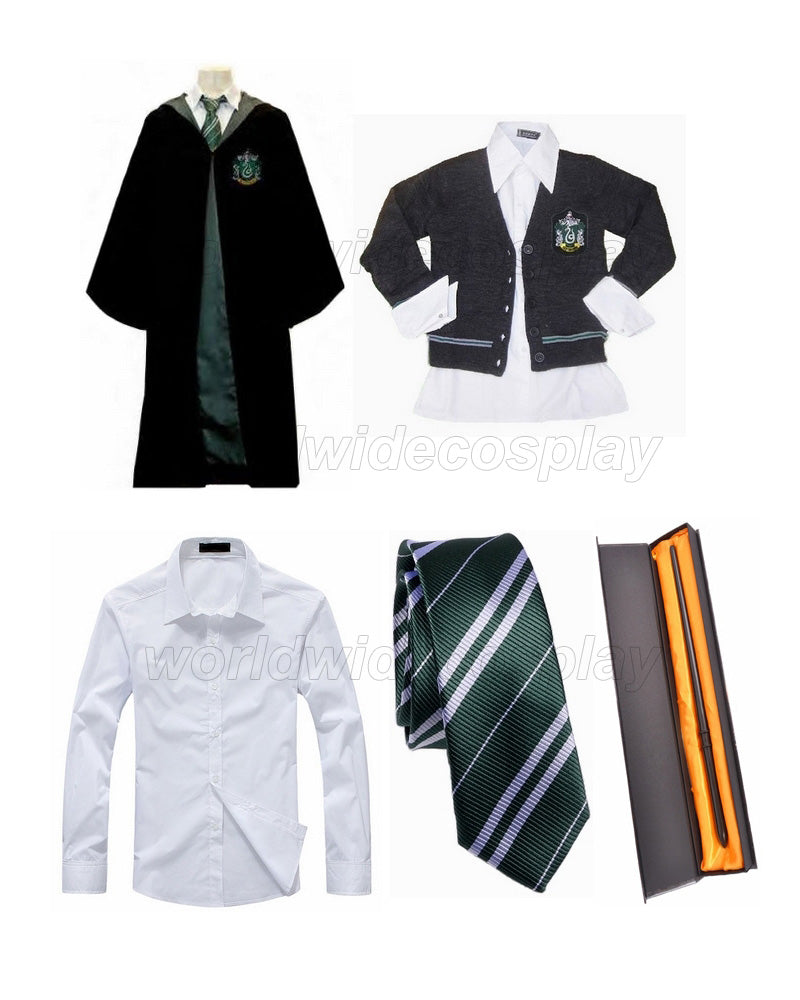 Free Shipping Harry Slytherin Cosplay Robe Sweater Shirt Necktie Draco Malfoy Magic Wand for Halloween and Christmas