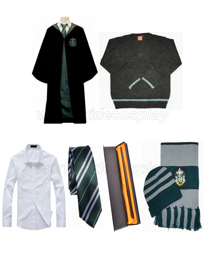 Free Shipping Harry Slytherin Robe Sweater Shirt Hat Scarf Draco Malfoy Wand for Christmas and Halloween