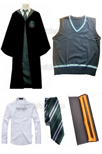 Free Shipping Harry Slytherin Cosplay Robe Sweater Shirt Necktie Draco Malfoy Magic Wand for Halloween and Christmas
