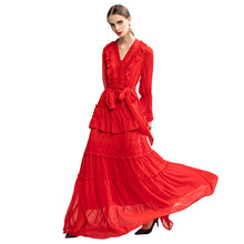 Load image into Gallery viewer, women fashion Christmas clothes red gala dresses ruffles v-neck button closure long sleeve maxi dress robe lace long party dress