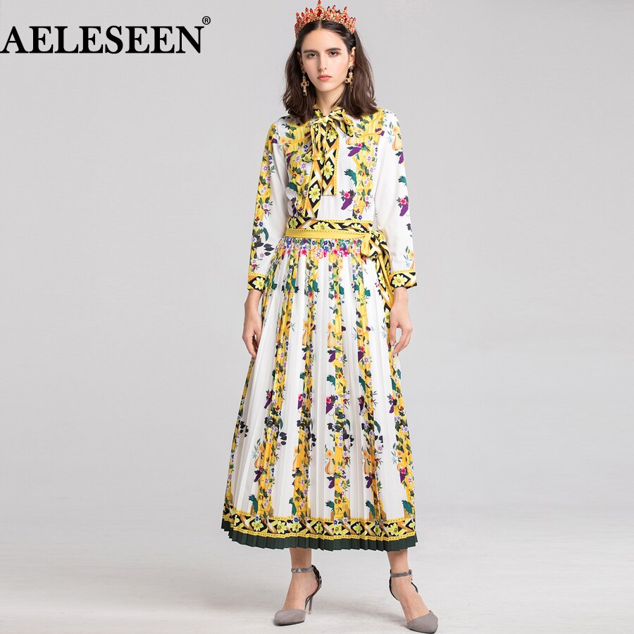 AELESEEN Women's Runway Shirt Dress 2018 Elegant Vintage Spring Autumn Pleated Christmas Robe Femme Bow Long Sleeve Flower Dress