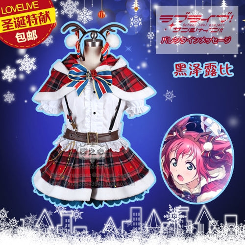 Aqours Love live sunshine! Ruby Kurosawa  Christmas Cosplay Costume New Year Dress Shirt+Skirt+Cape+Headdress+Tie+Gloves+Socks