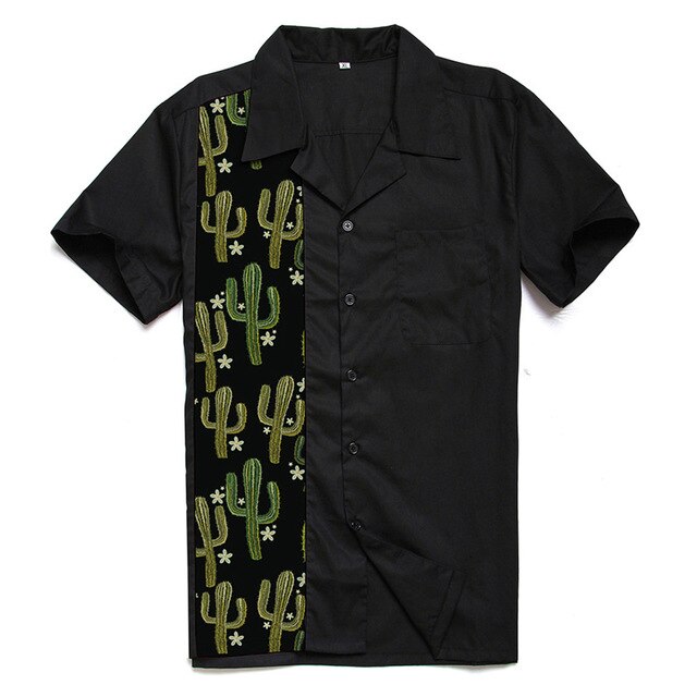Fashion Hawaiian Shirt Men Top Quality Cactus Funny Shirts Short Sleeve Casual Western Rock And Roll Summer Men Shirts Black