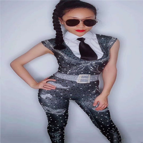 D07 Female ballroom dance stage costumes singer t-shirt jumpsuit necktie bodysuit party printing clothe performance show outfits