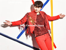 Load image into Gallery viewer, R62 Red sequin dj suit ballroom dance costumes party wears model dress jacket bar vest club pants singer t-shirt show clothing