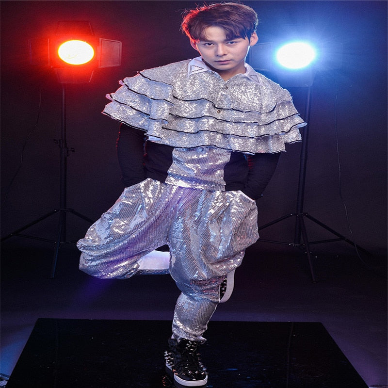 R55 Silver sequin male bodysuit dj singer wears stage prom dance costu –  Atsap Store