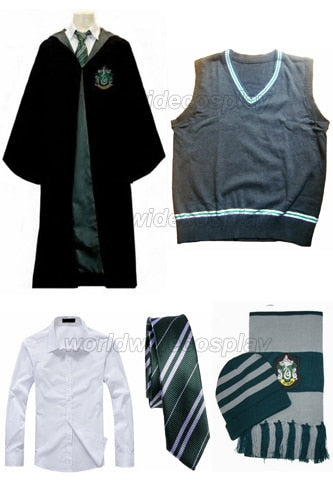 Free Shipping Harry Slytherin Cosplay Robe Vest Shirt Hat Scarf Custom Made for Halloween and Christmas