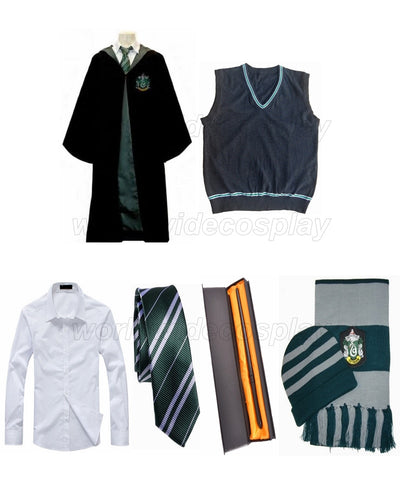 Free Shipping Harry Slytherin Cosplay Robe Vest Shirt Draco Malfoy Wand Hat Scarf for Christmas